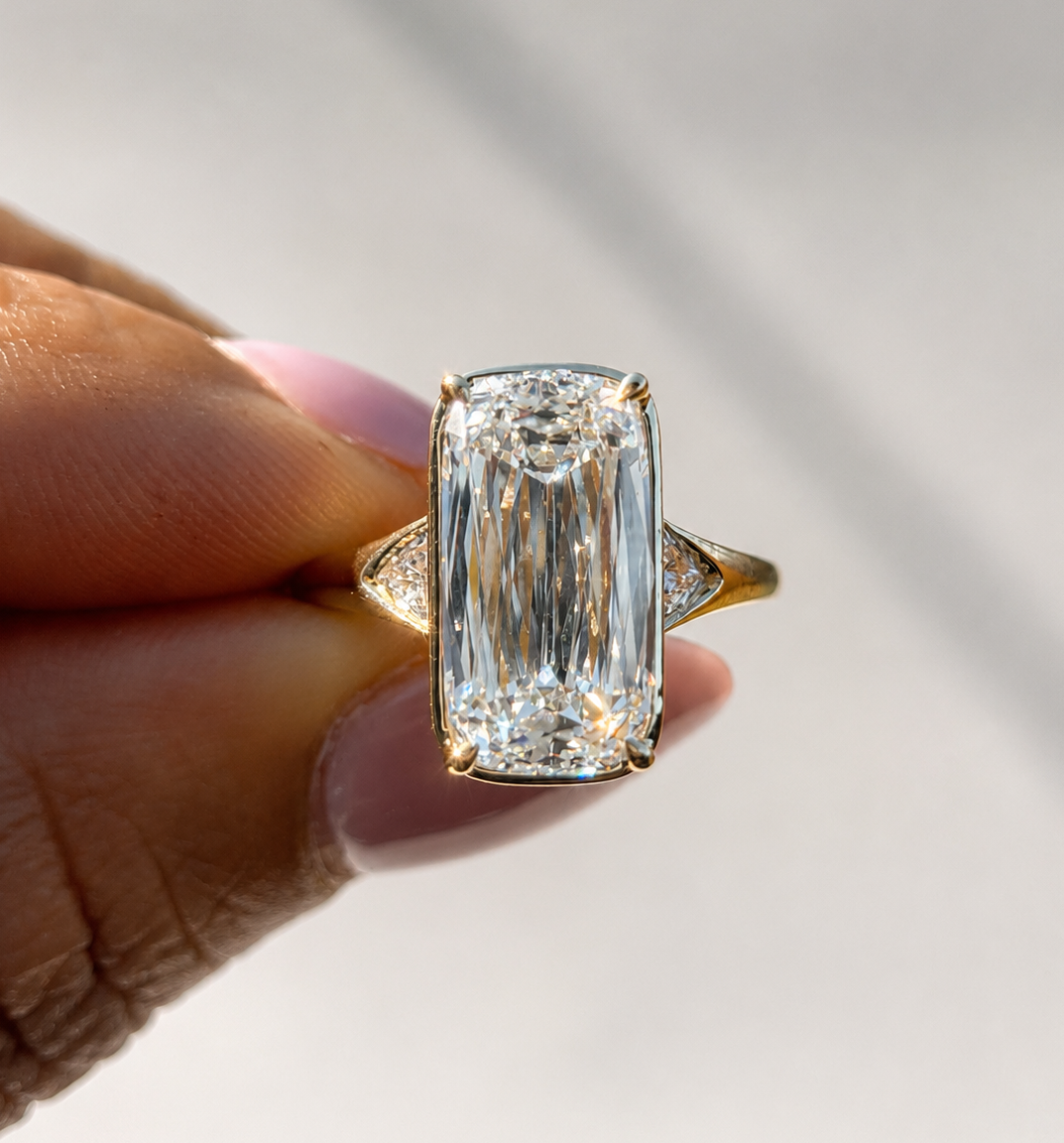 5.48 Carat Elongated Cushion Three Stone Diamond Engagement Ring